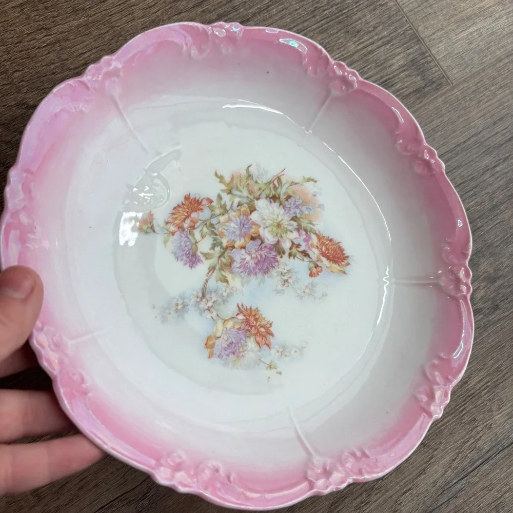 Vintage Pink Lusterware Floral Porcelain Plate‎ and Oval Platter Set 2pc, Spring